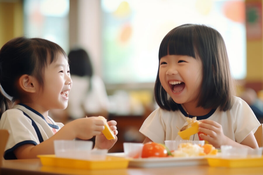 Two Asian elementary school students joyfully sharing a meal together, their faces beaming with happiness and laughter